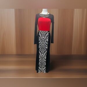 Karen Kane Maxi Patterned Skirt with High Split Black & White XS